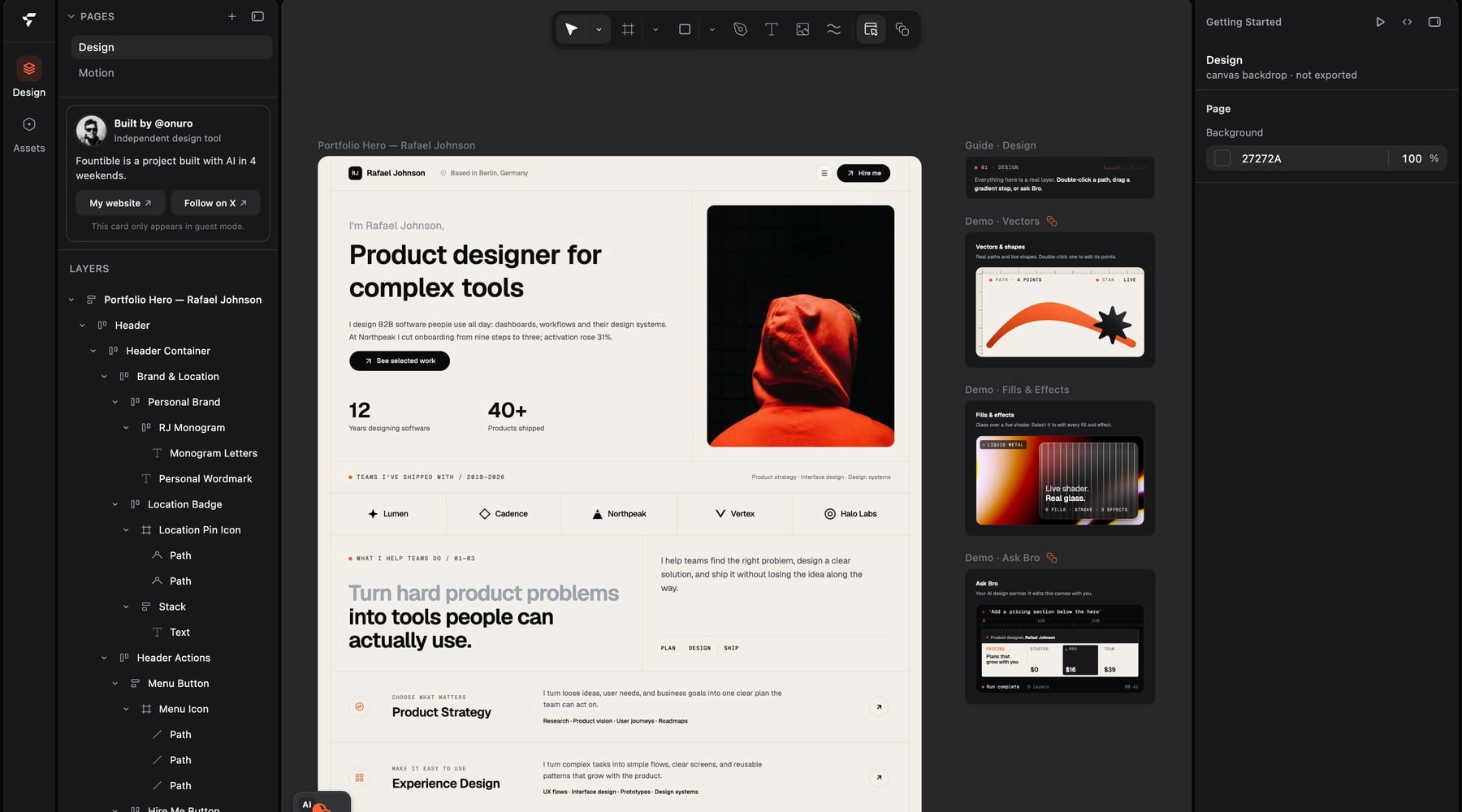 The Fountible editor with a portfolio design on the canvas