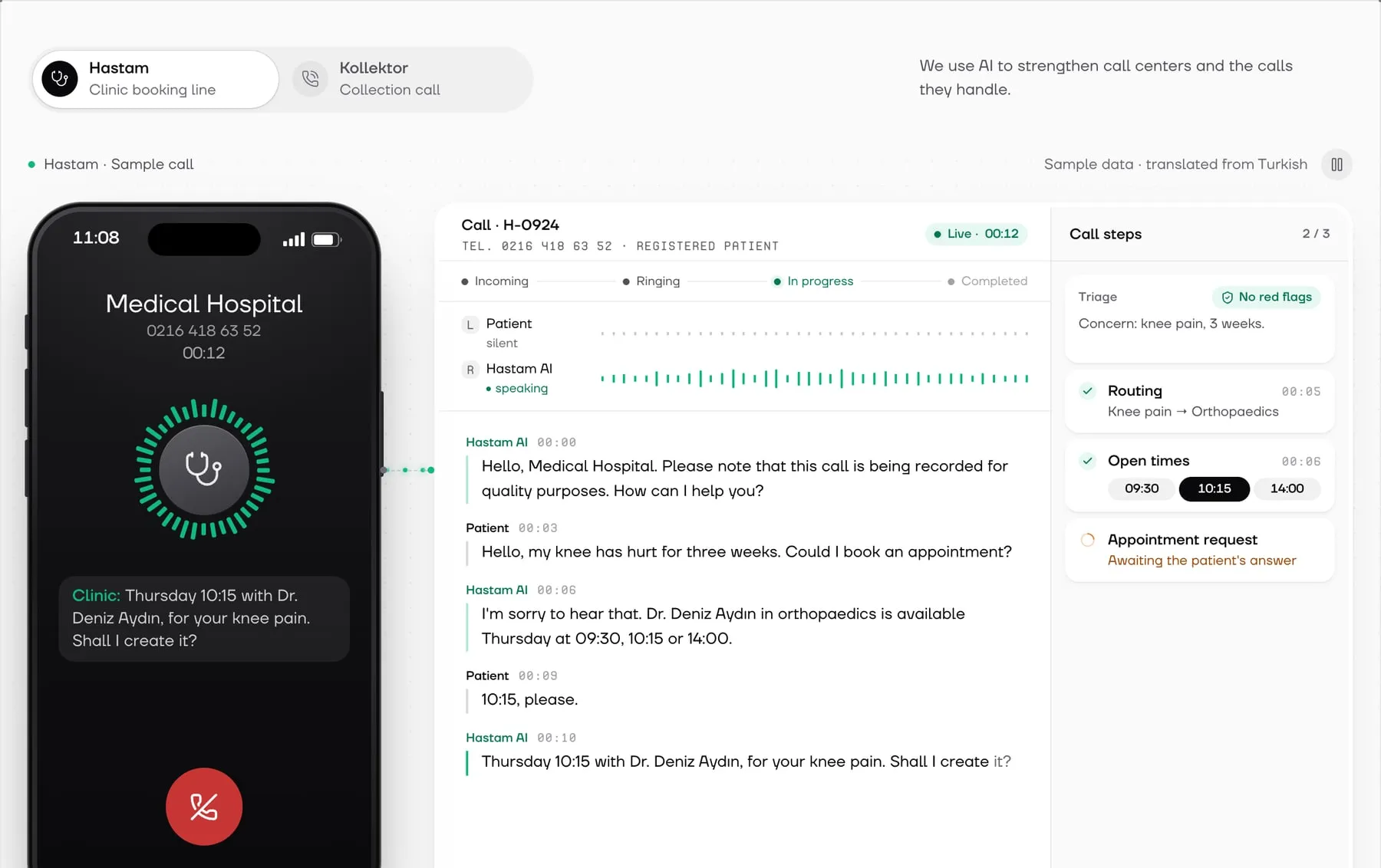Sample Hastam call booking a clinic appointment