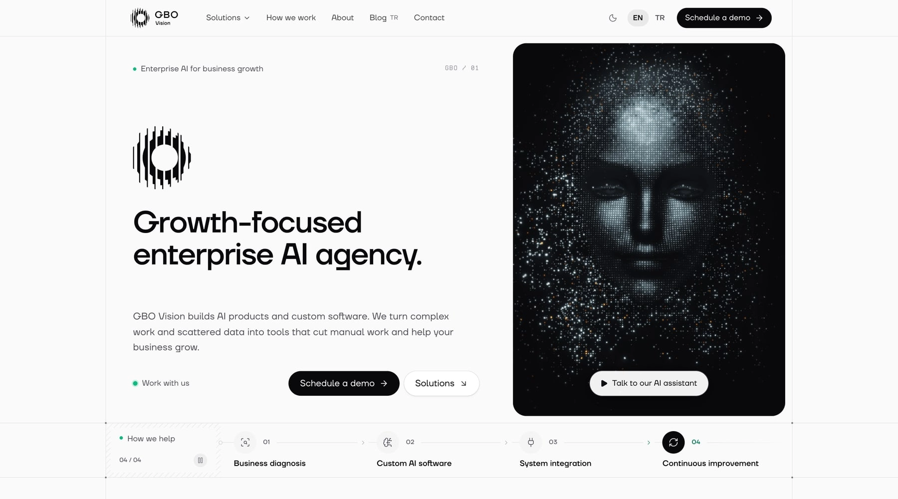 The GBO Vision homepage with its particle face