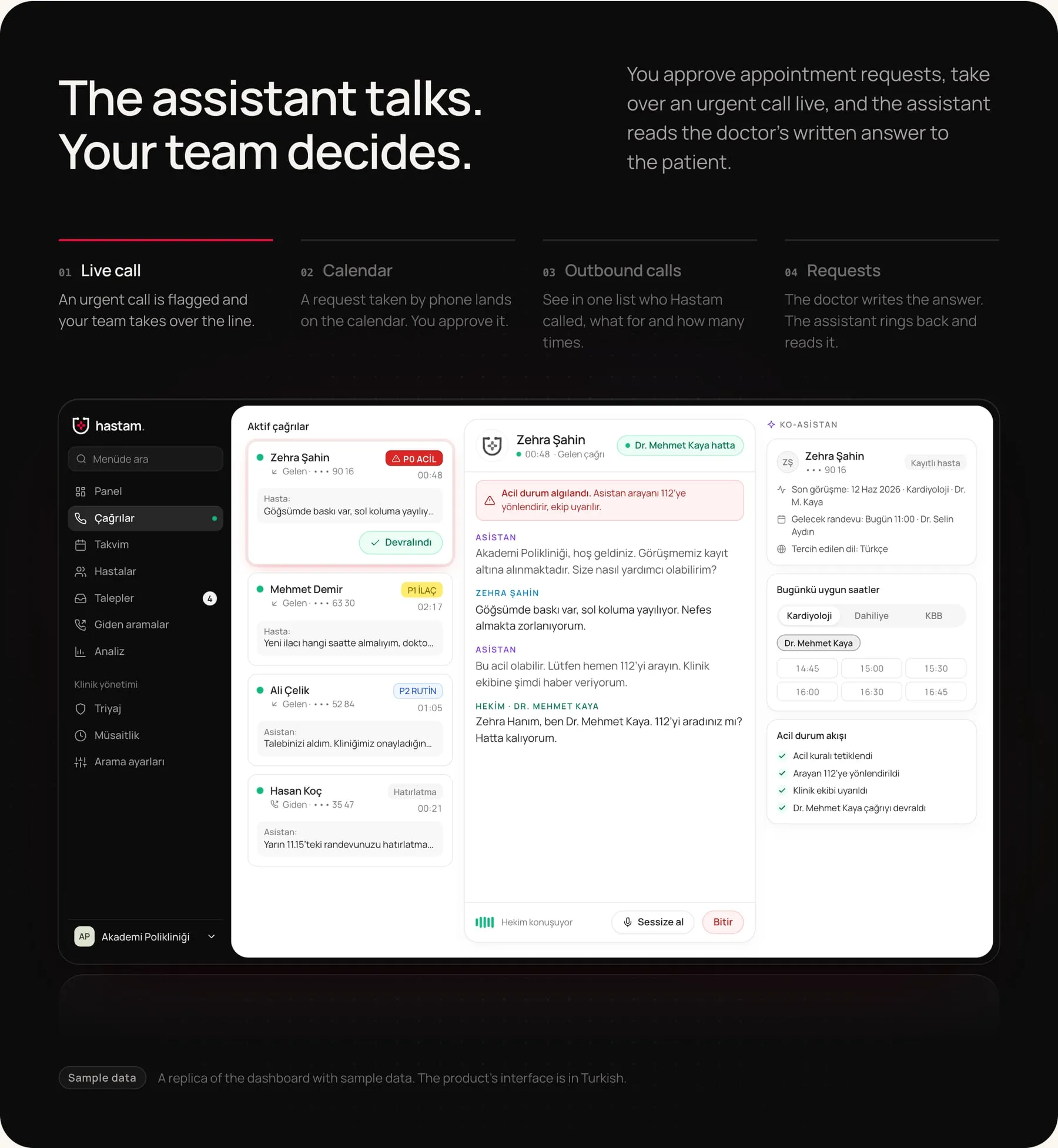 The Hastam dashboard with a live urgent call taken over by a doctor