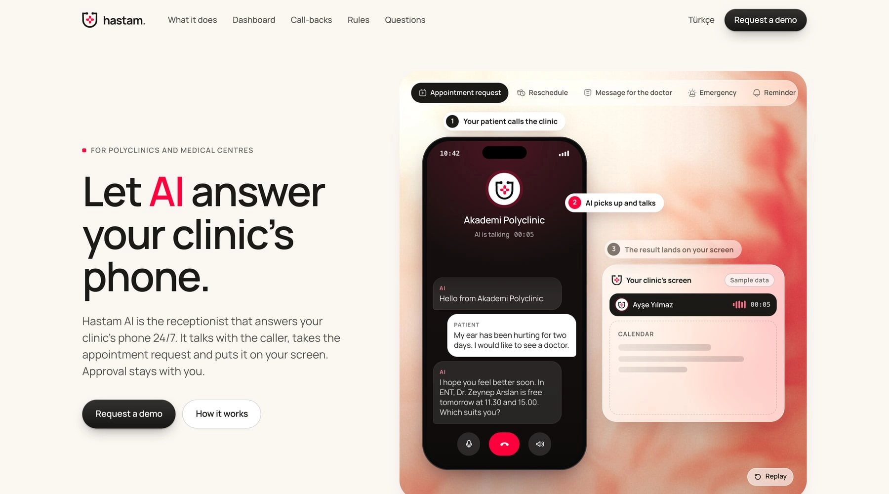 The hastam.ai homepage with a sample call