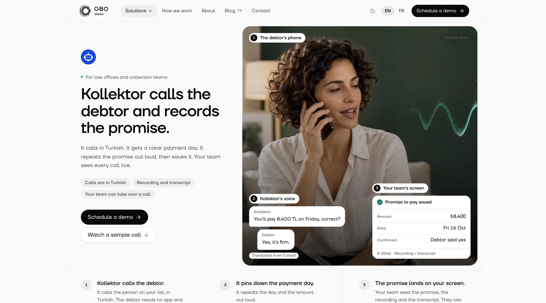 Kollektor's product page: a sample call with the agent's line and the saved payment promise