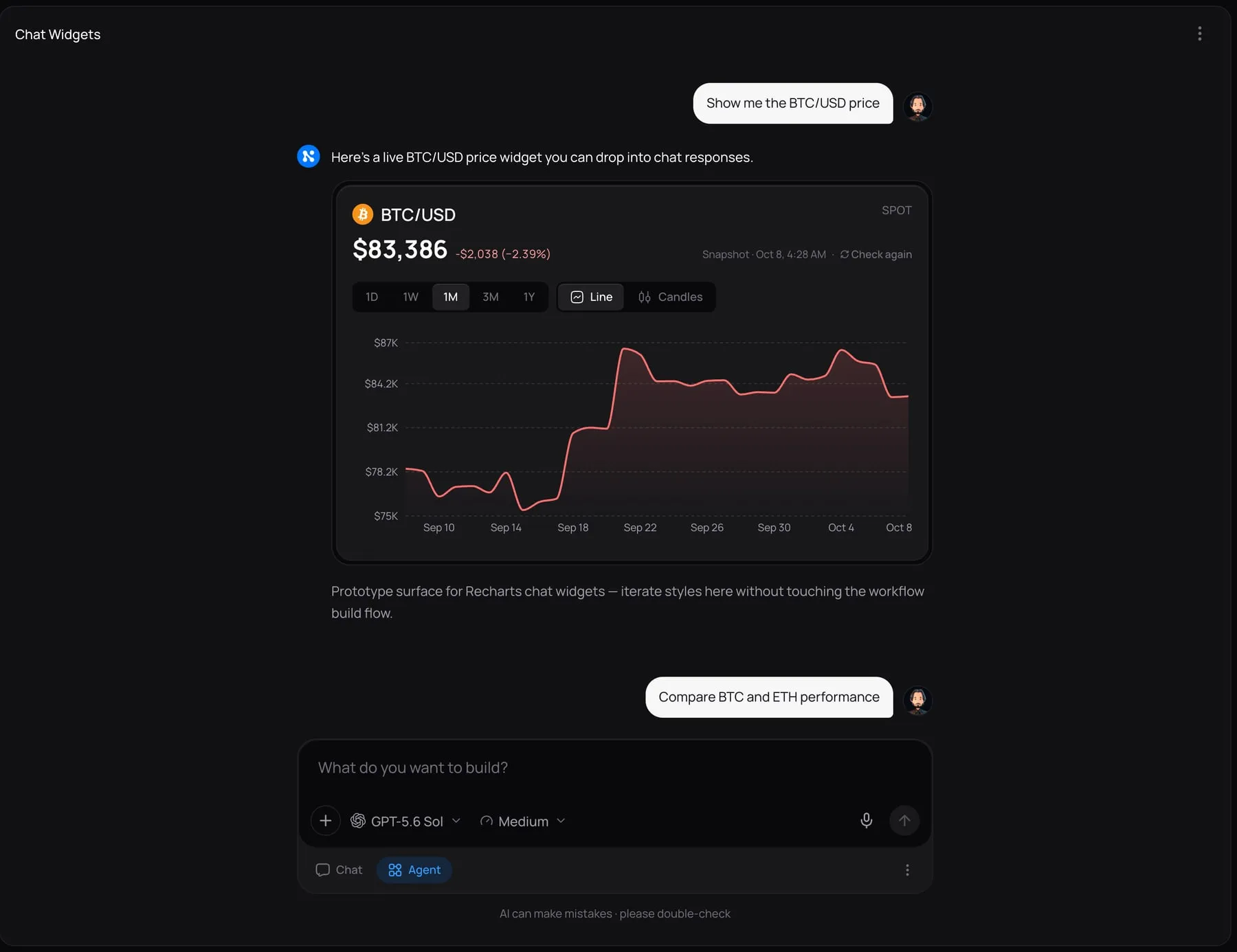 A price widget inside a chat with Nick