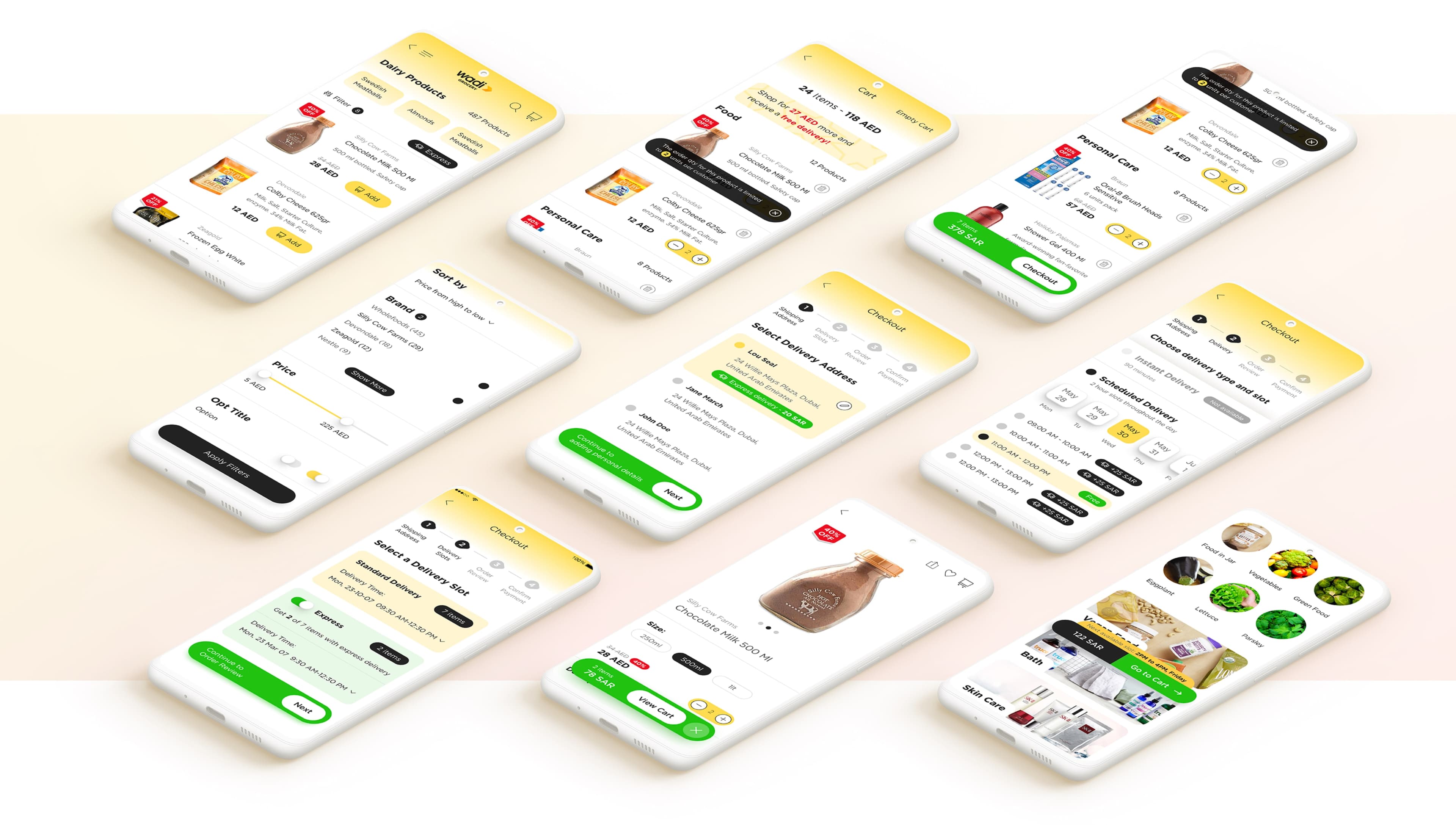 Wadi Grocery mobile screens overview